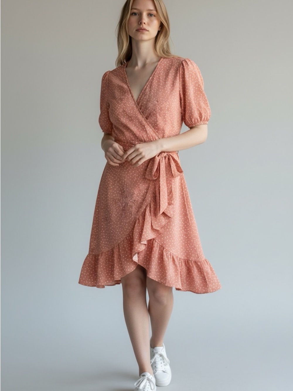 🫶🏻 Boutique Polka Dot Faux Wrap Dress in Dusty Rose NWOT